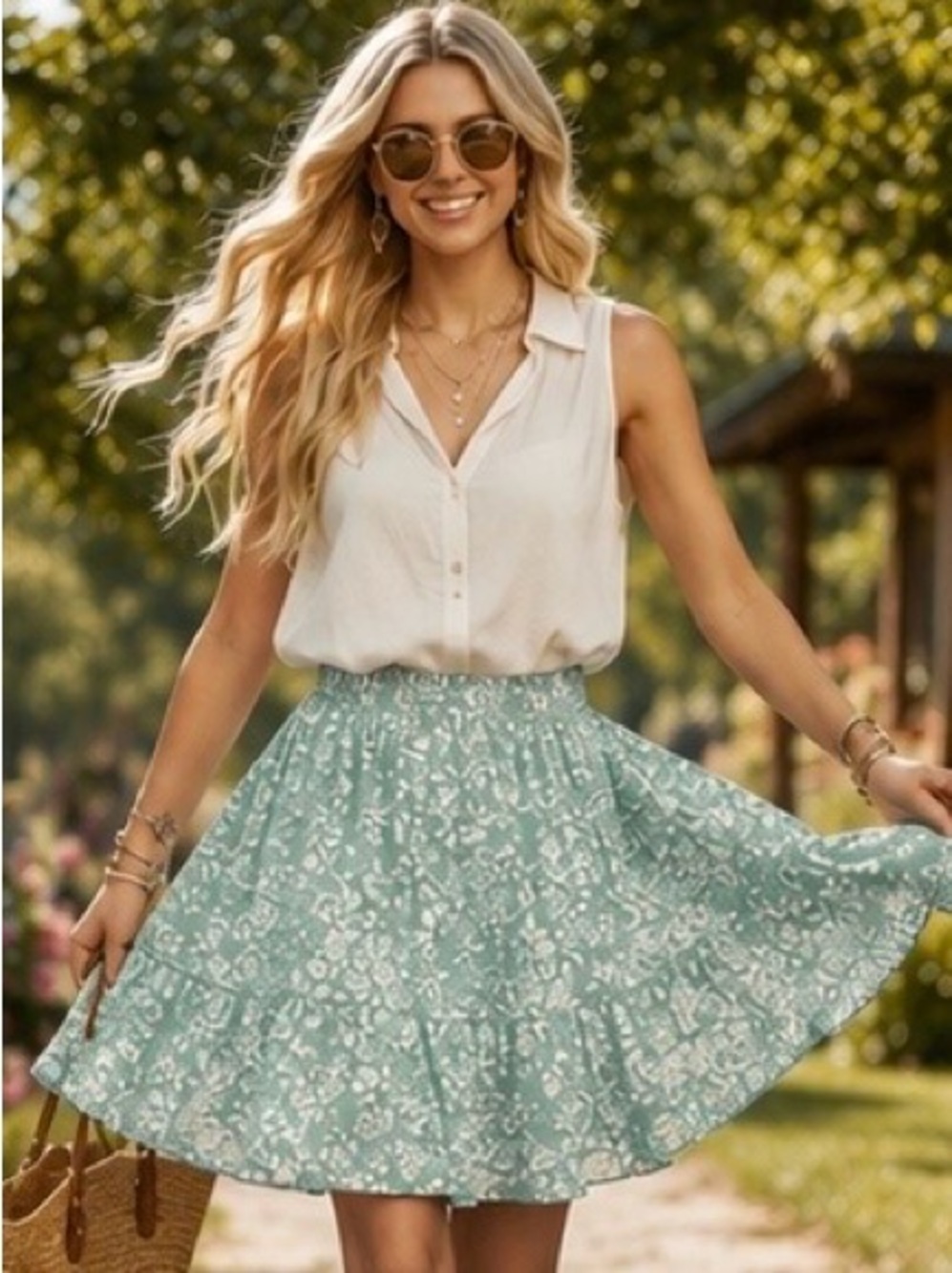 NWT Papaya Mint Green Floral Tiered Mini Cottagecore Boho Skirt | Size S,M, L
